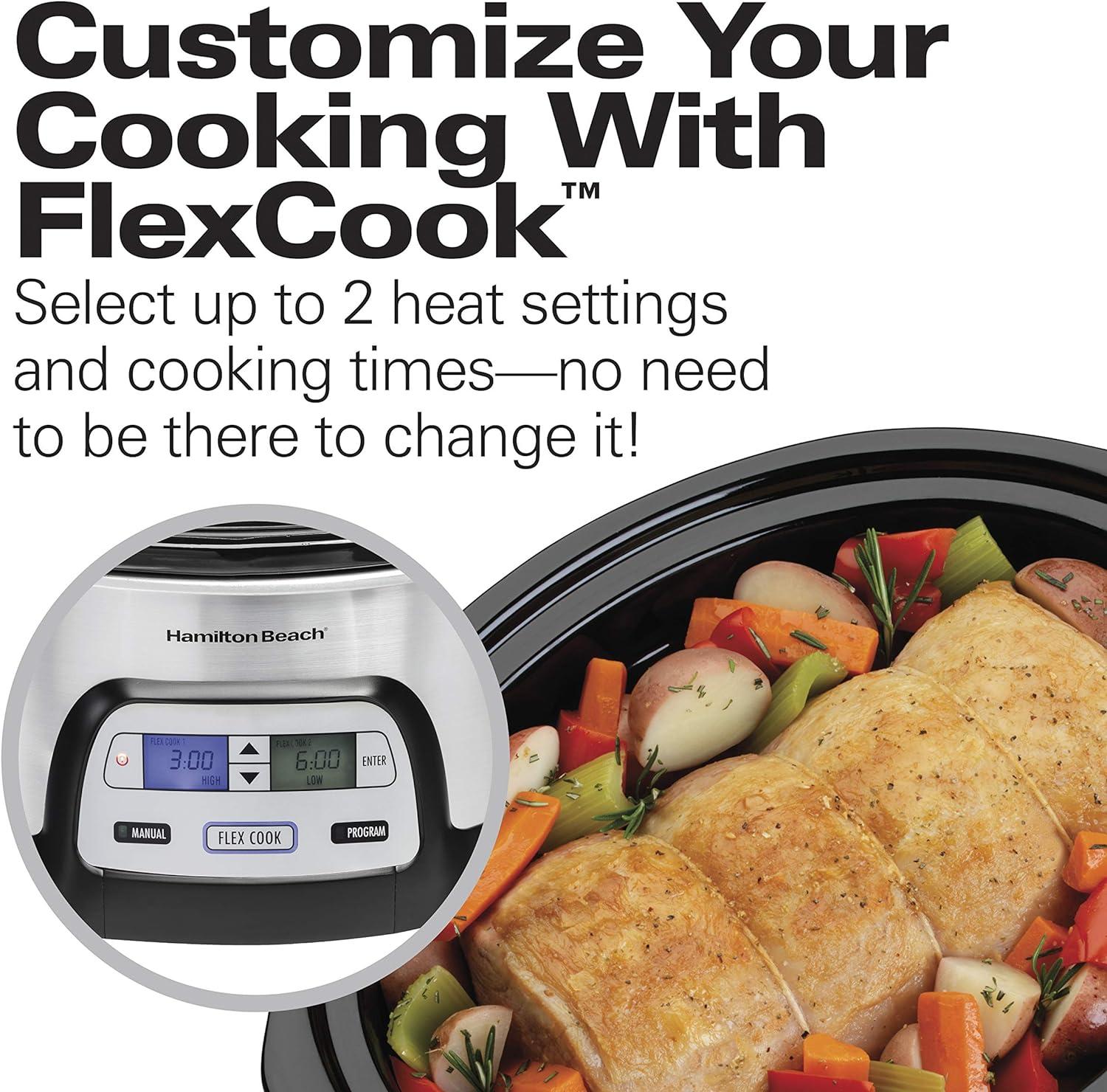 image:imageHamilton Beach 33861 Portable Programmable Slow Cooker Dishwasher Safe Crock 6 Qt FlexCook Dual Digital Timer2 Heat Settings Lid Lock for Easy Travel Silver