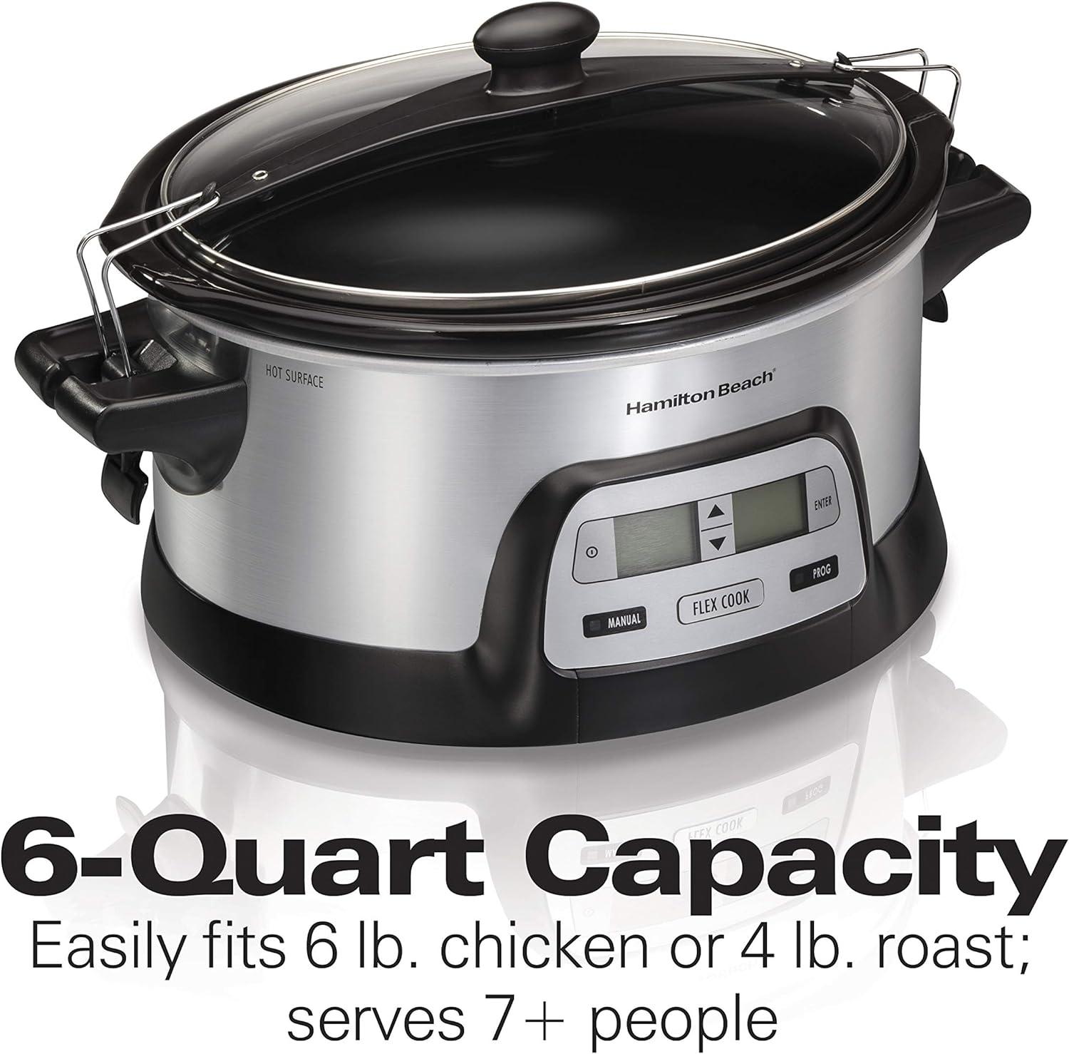 image:imageHamilton Beach 33861 Portable Programmable Slow Cooker Dishwasher Safe Crock 6 Qt FlexCook Dual Digital Timer2 Heat Settings Lid Lock for Easy Travel Silver
