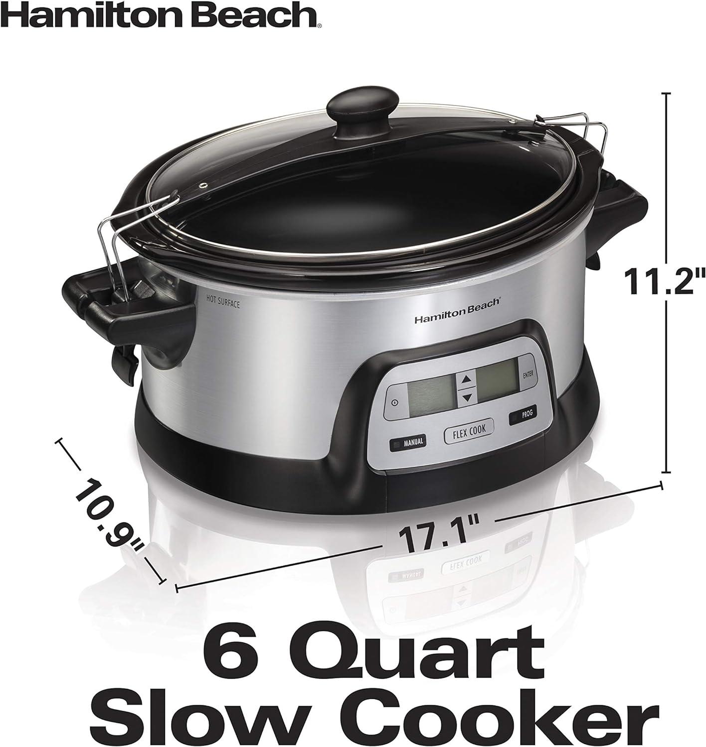 image:imageHamilton Beach 33861 Portable Programmable Slow Cooker Dishwasher Safe Crock 6 Qt FlexCook Dual Digital Timer2 Heat Settings Lid Lock for Easy Travel Silver