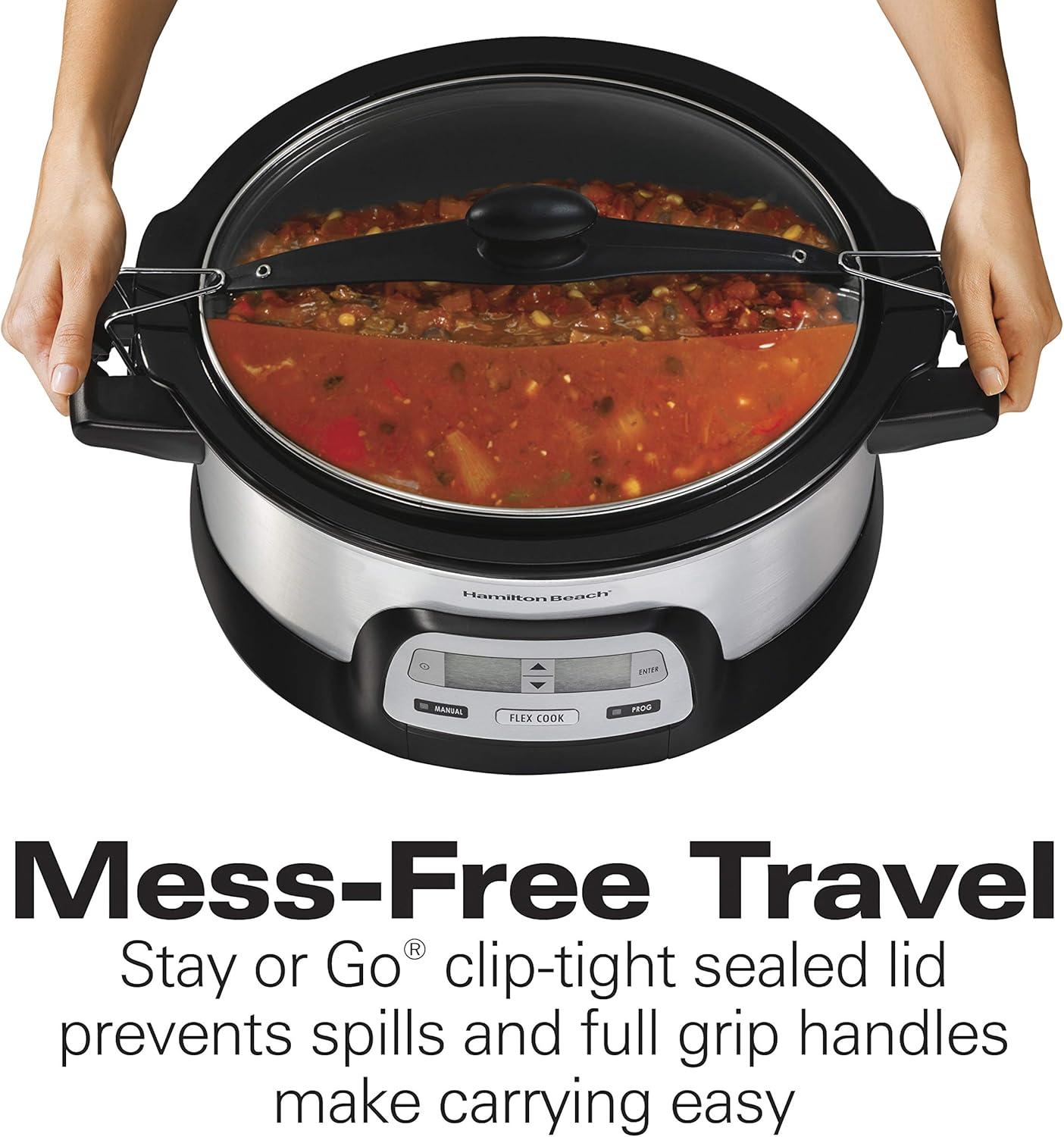 image:imageHamilton Beach 33861 Portable Programmable Slow Cooker Dishwasher Safe Crock 6 Qt FlexCook Dual Digital Timer2 Heat Settings Lid Lock for Easy Travel Silver