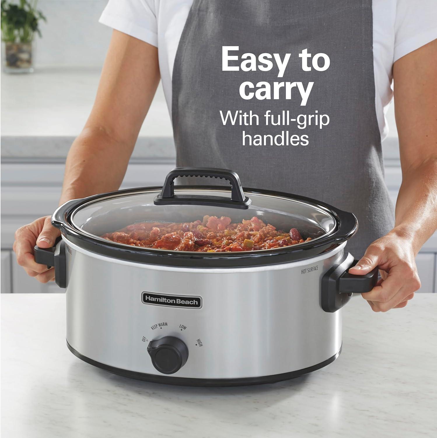 image:imageHamilton Beach 4Quart Slow Cooker with 3 Cooking Settings DishwasherSafe Stoneware Crock amp Glass Lid Brushed Gray33240Silver