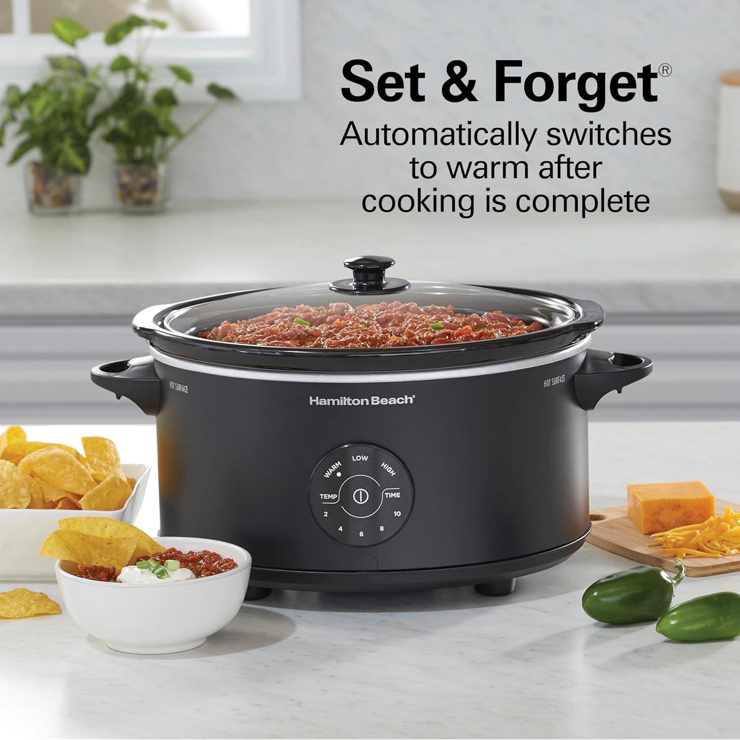 image:imageHamilton Beach 6 Quart Set amp Forget Programmable Slow Cooker 15 Cooking Options With 5 Time and 3 Heat Options Large Dishwasher Safe Stoneware Crock and Glass Black 337627 Quarts 15 Cooking Options Lid Latch Black