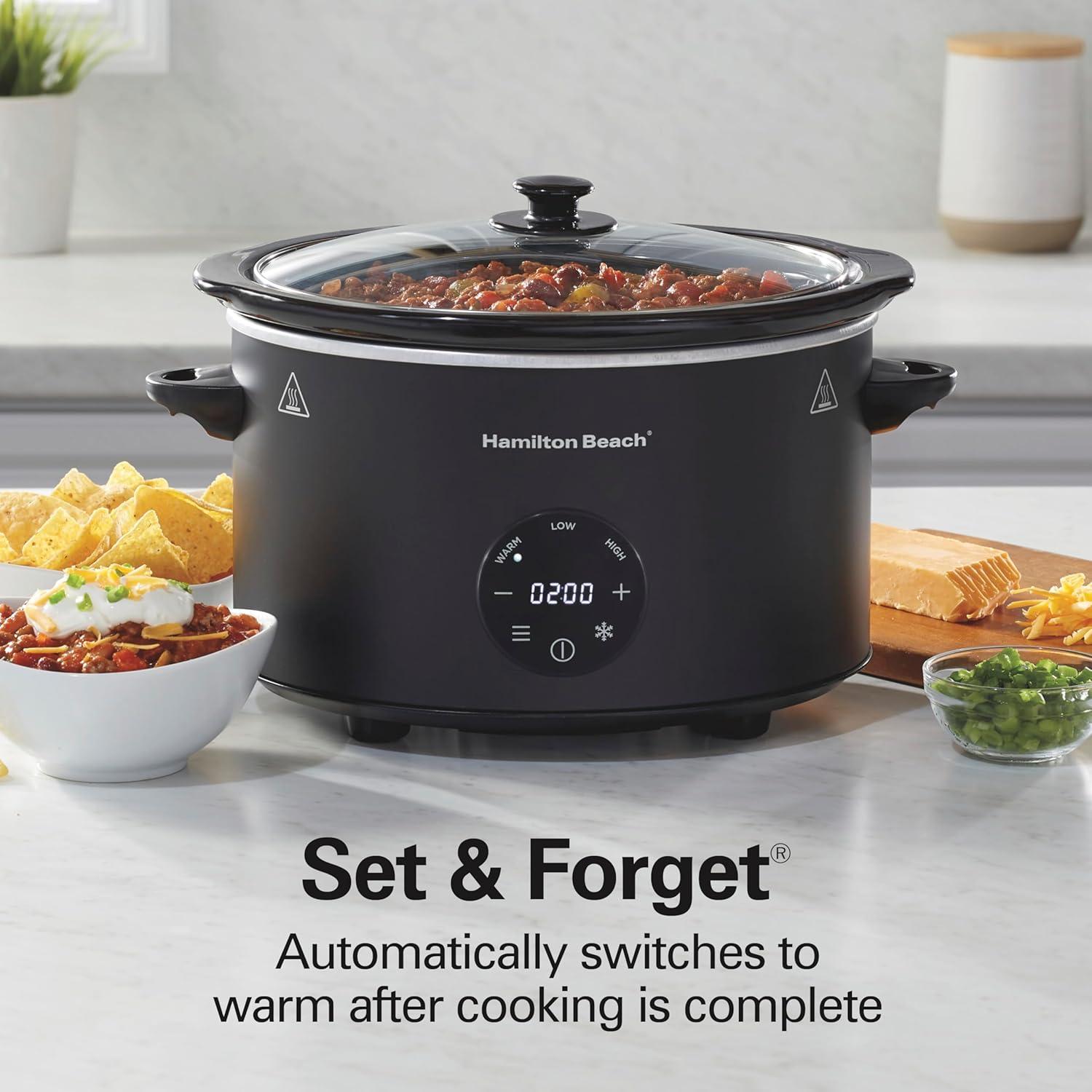 image:imageHamilton Beach 6 Quart Set amp Forget Programmable Slow Cooker 15 Cooking Options With 5 Time and 3 Heat Options Large Dishwasher Safe Stoneware Crock and Glass Black 337626 Quarts Flexible Programming Black