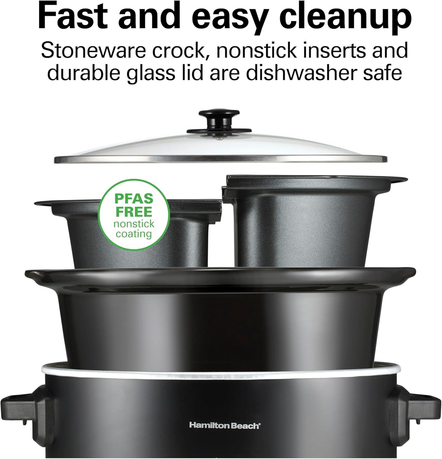 image:imageHamilton Beach 7 Quart Slow Cooker with SpaceSaving Folding Handles 3 Heat Settings Dishwasher Safe Stoneware Crock and Glass Lid Black 33174Black Double Dish