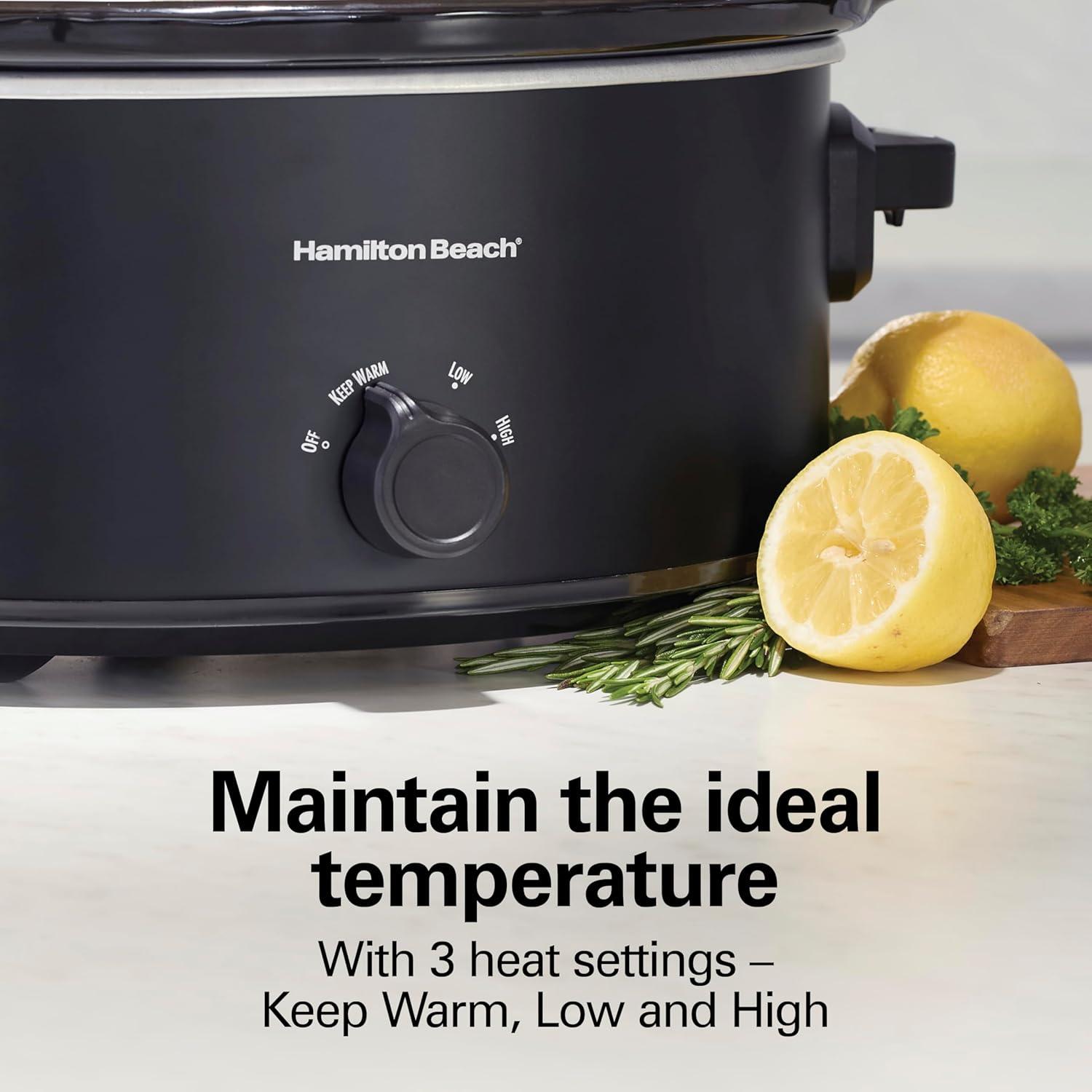 image:imageHamilton Beach 7 Quart Slow Cooker with SpaceSaving Folding Handles 3 Heat Settings Dishwasher Safe Stoneware Crock and Glass Lid Black 33174Black Double Dish