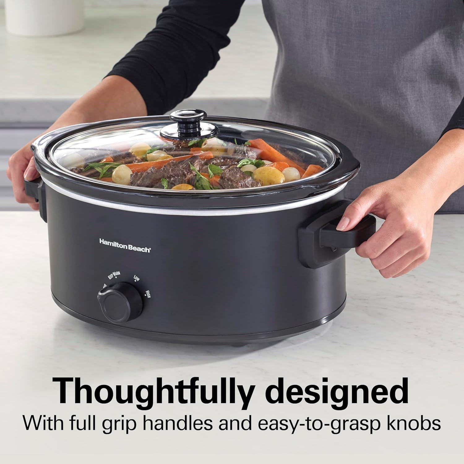 image:imageHamilton Beach 7 Quart Slow Cooker with SpaceSaving Folding Handles 3 Heat Settings Dishwasher Safe Stoneware Crock and Glass Lid Black 33174Black Double Dish
