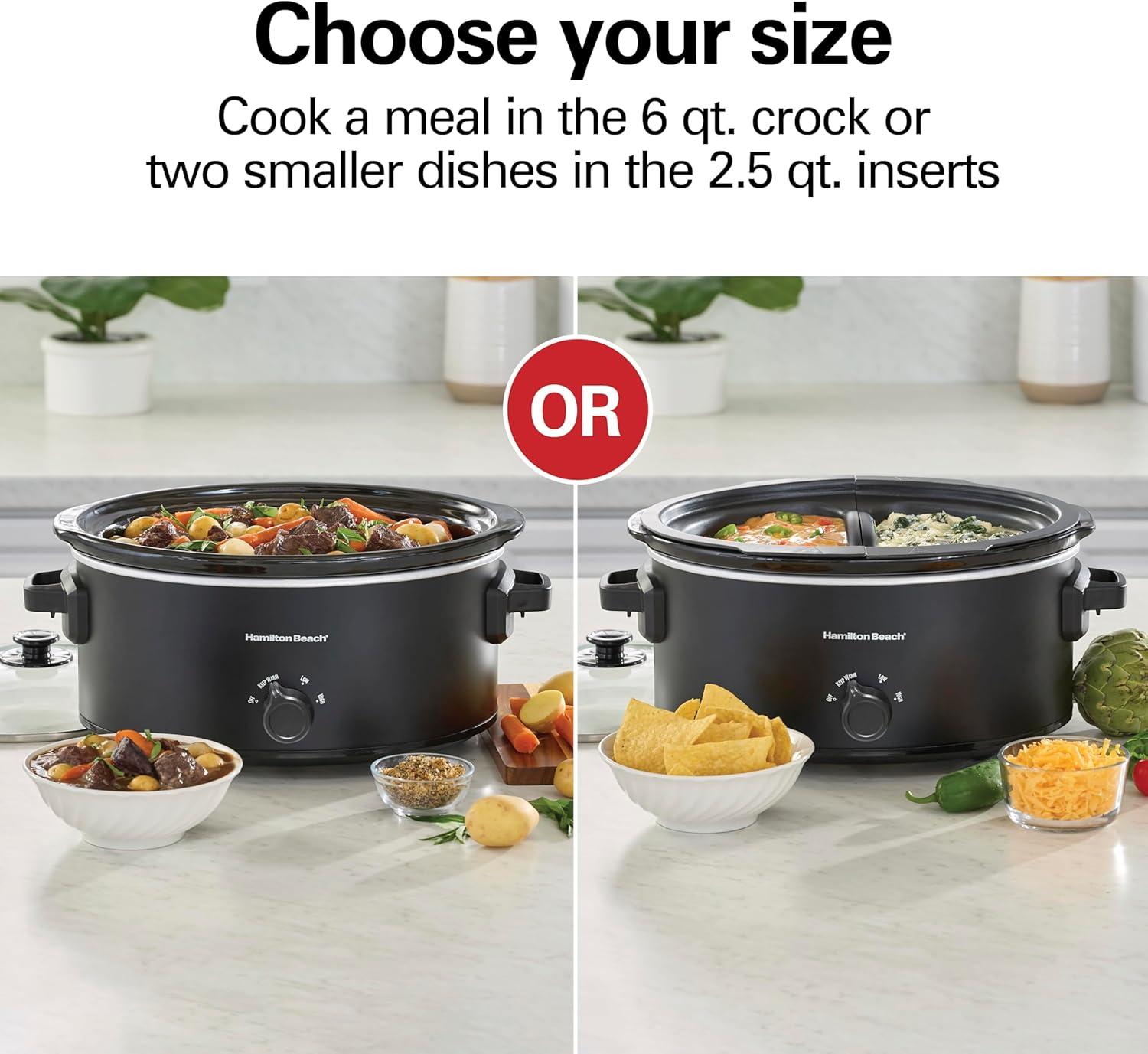 image:imageHamilton Beach 7 Quart Slow Cooker with SpaceSaving Folding Handles 3 Heat Settings Dishwasher Safe Stoneware Crock and Glass Lid Black 33174Black Double Dish