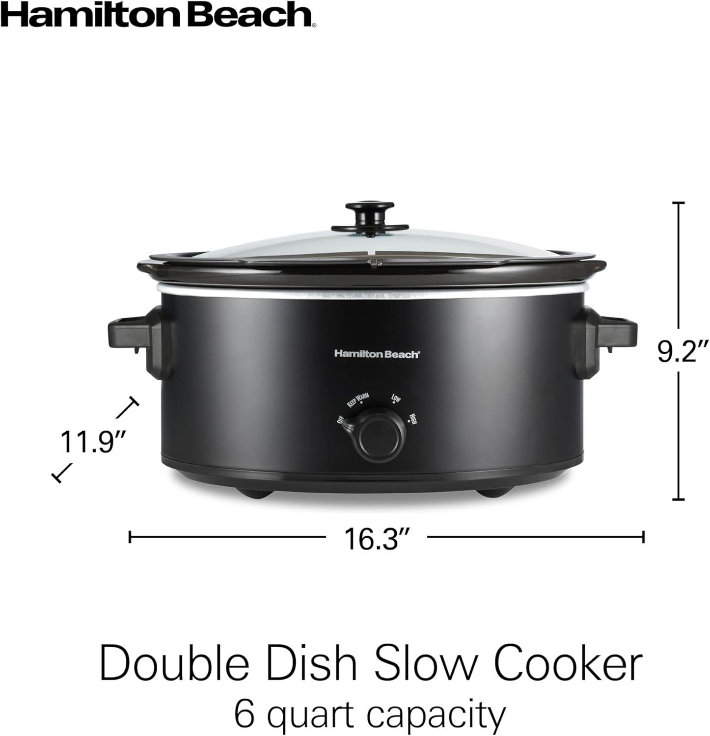 image:imageHamilton Beach 7 Quart Slow Cooker with SpaceSaving Folding Handles 3 Heat Settings Dishwasher Safe Stoneware Crock and Glass Lid Black 33174Black Double Dish