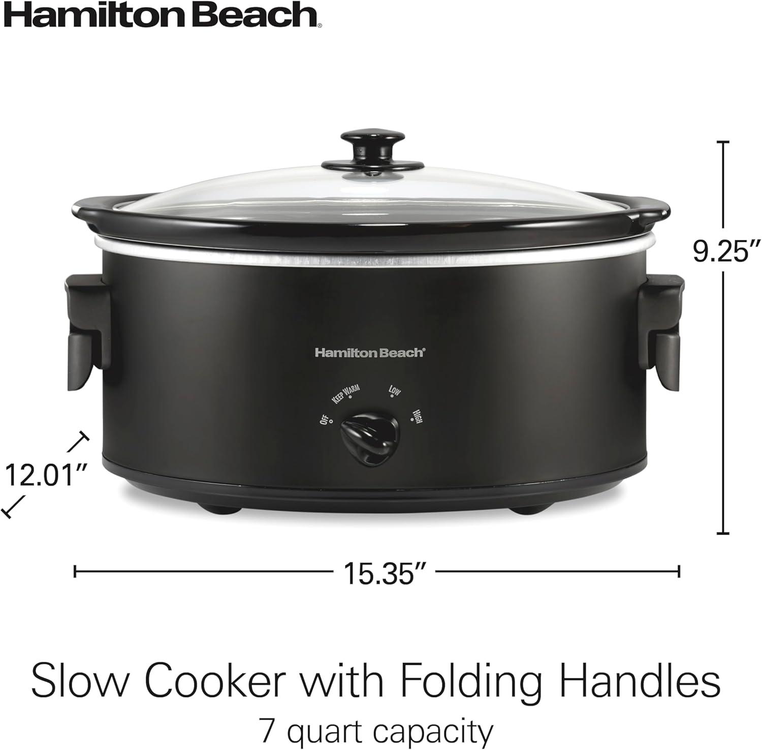 image:imageHamilton Beach 7 Quart Slow Cooker with SpaceSaving Folding Handles 3 Heat Settings Dishwasher Safe Stoneware Crock and Glass Lid Black 33174Black Space Saving Folding Handles