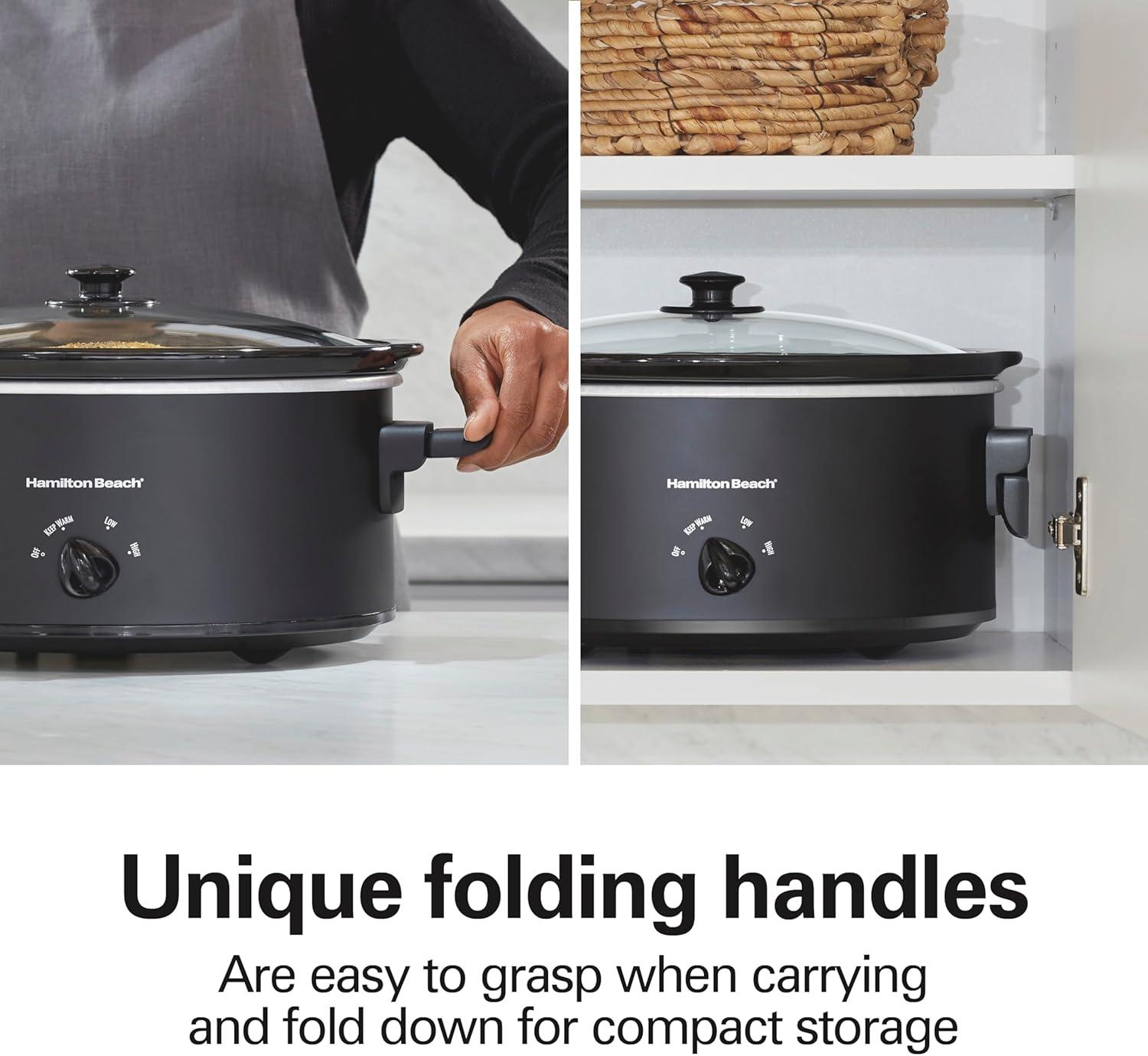 image:imageHamilton Beach 7 Quart Slow Cooker with SpaceSaving Folding Handles 3 Heat Settings Dishwasher Safe Stoneware Crock and Glass Lid Black 33174Black Space Saving Folding Handles