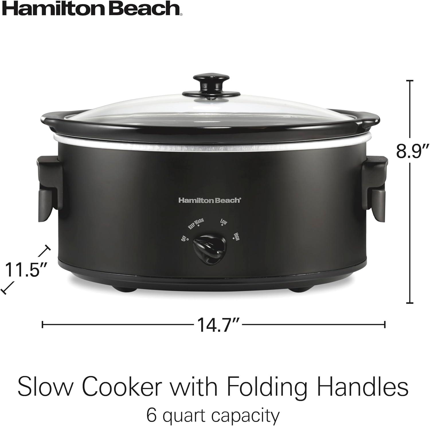 image:imageHamilton Beach 7 Quart Slow Cooker with SpaceSaving Folding Handles 3 Heat Settings Dishwasher Safe Stoneware Crock and Glass Lid Black 33174Black Space Saving Folding Handles
