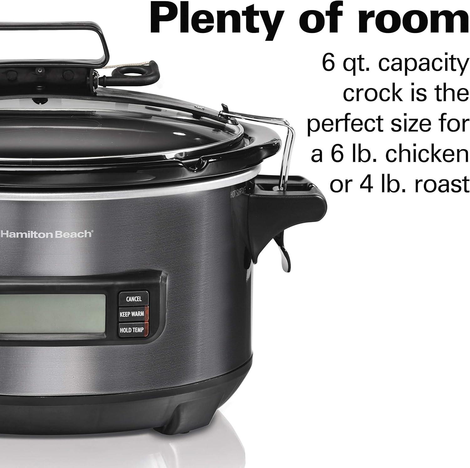 image:imageHamilton Beach Portable 6 Quart Set amp Forget Digital Programmable Slow Cooker with Lid Lock Temperature Probe Dishwasher Safe Crock amp Lid Black Stainless 33866Temp Tracker Black Stainless