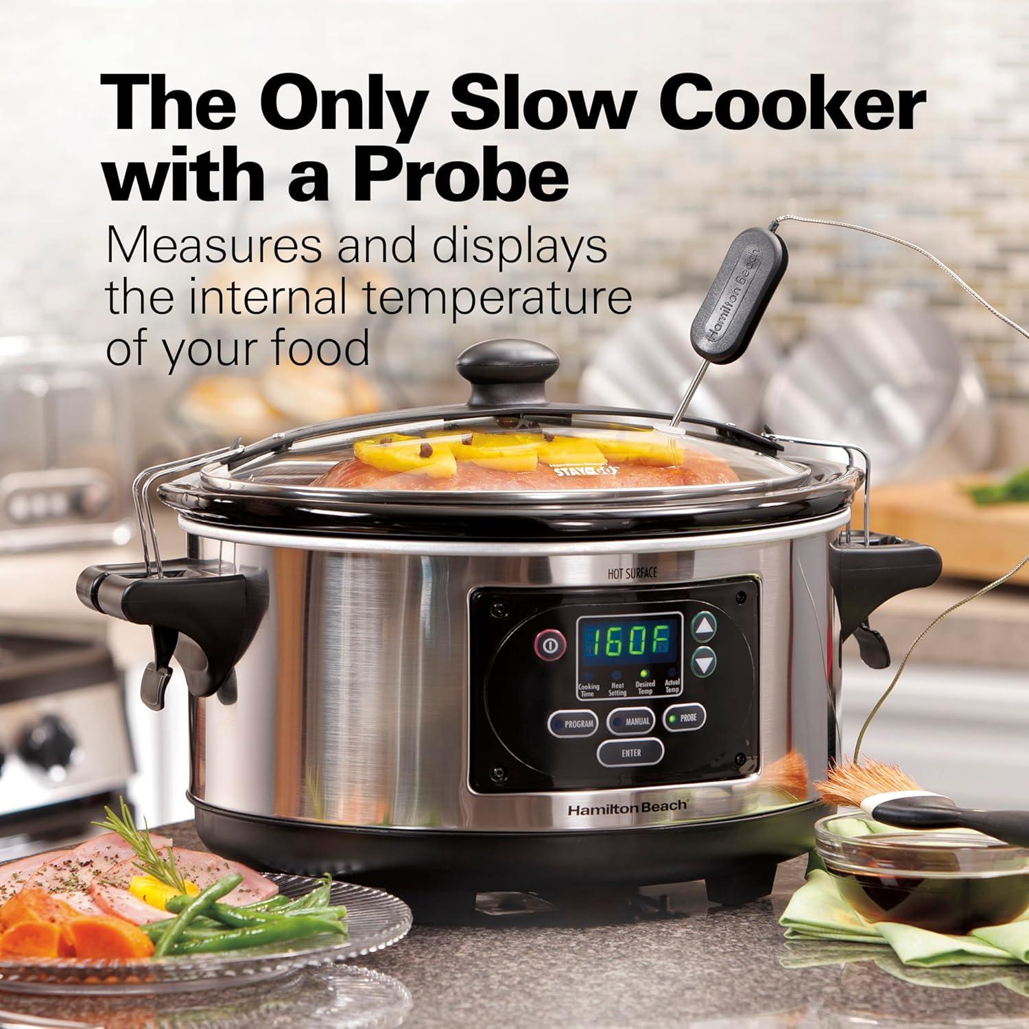 image:imageHamilton Beach Portable 6 Quart Set amp Forget Digital Programmable Slow Cooker with Lid Lock Temperature Probe Dishwasher Safe Crock amp Lid Black Stainless 33866Set Forget Stainless Steel
