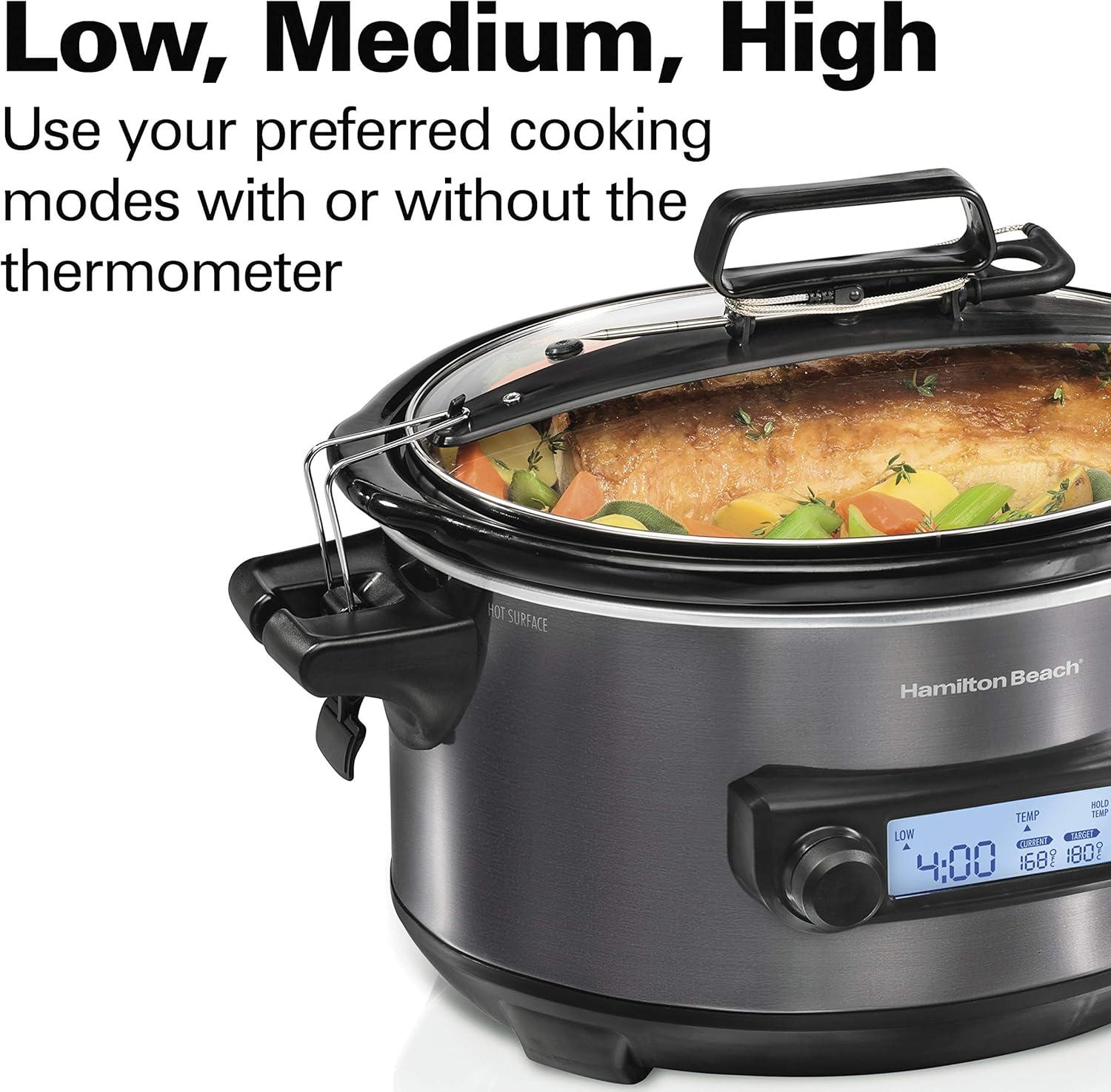 image:imageHamilton Beach Portable 6 Quart Set amp Forget Digital Programmable Slow Cooker with Lid Lock Temperature Probe Dishwasher Safe Crock amp Lid Black Stainless 33866Temp Tracker Black Stainless