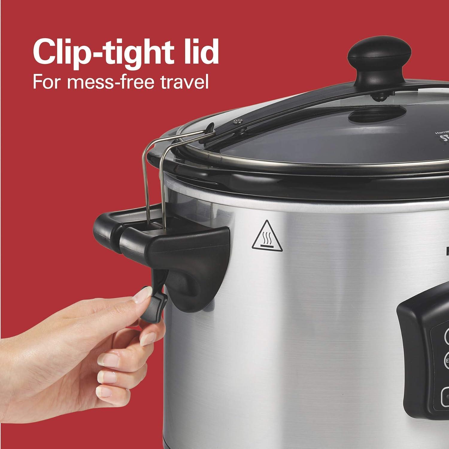 image:imageHamilton Beach Portable 6 Quart Set amp Forget Digital Programmable Slow Cooker with Lid Lock Temperature Probe Dishwasher Safe Crock amp Lid Black Stainless 33866Defrost Silver
