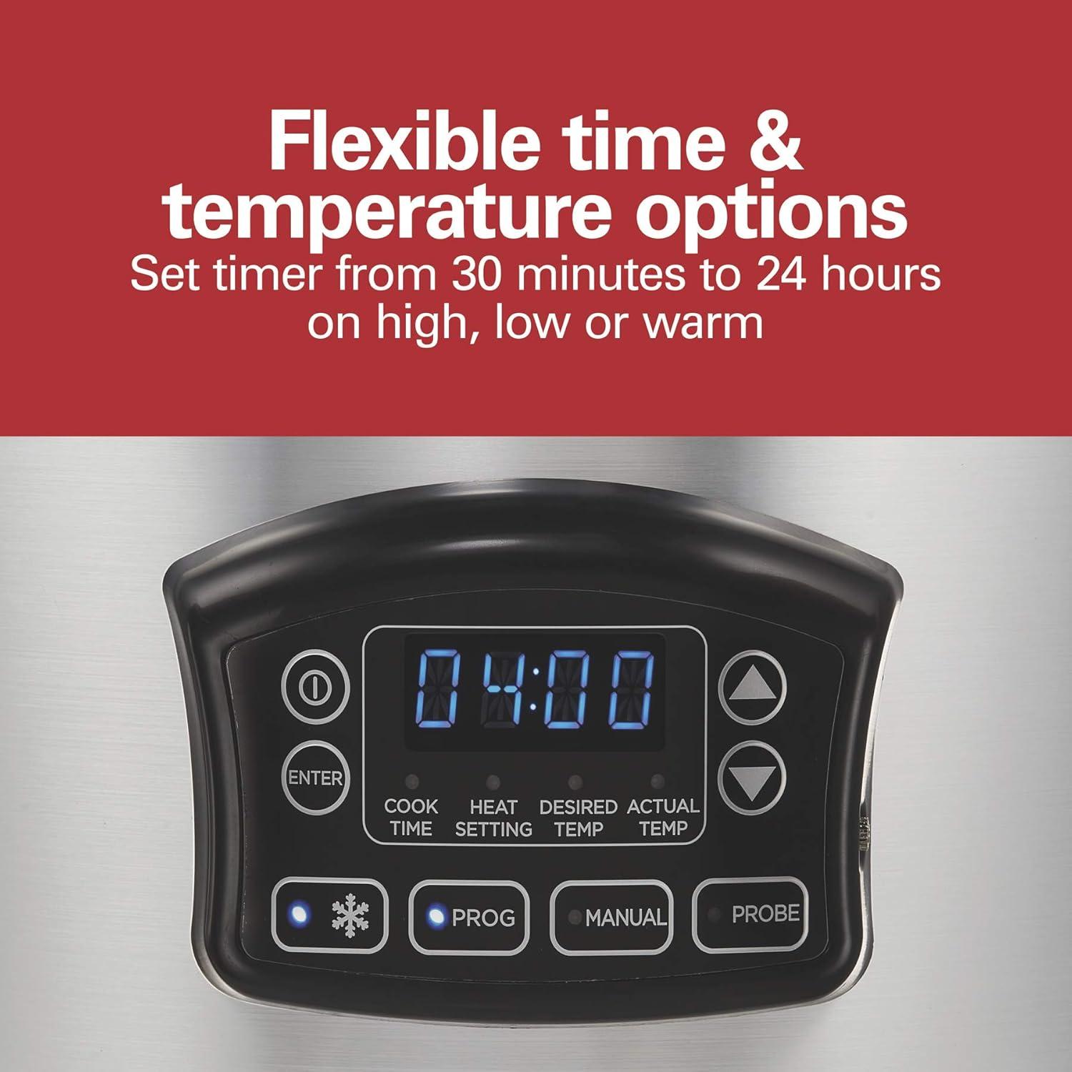 image:imageHamilton Beach Portable 6 Quart Set amp Forget Digital Programmable Slow Cooker with Lid Lock Temperature Probe Dishwasher Safe Crock amp Lid Black Stainless 33866Defrost Silver