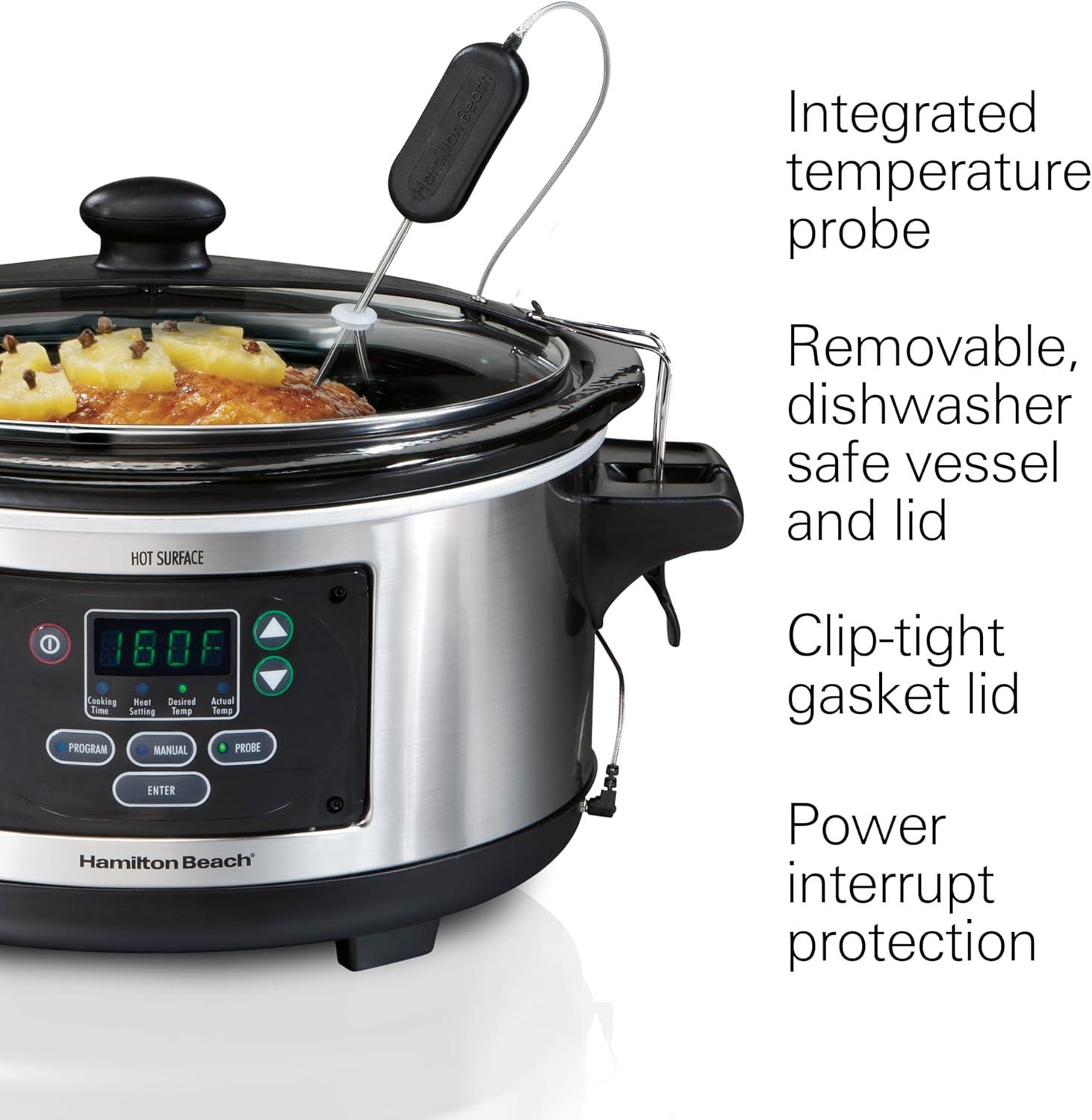 image:imageHamilton Beach Portable 6 Quart Set amp Forget Digital Programmable Slow Cooker with Lid Lock Temperature Probe Dishwasher Safe Crock amp Lid Black Stainless 33866Set Forget Stainless Steel