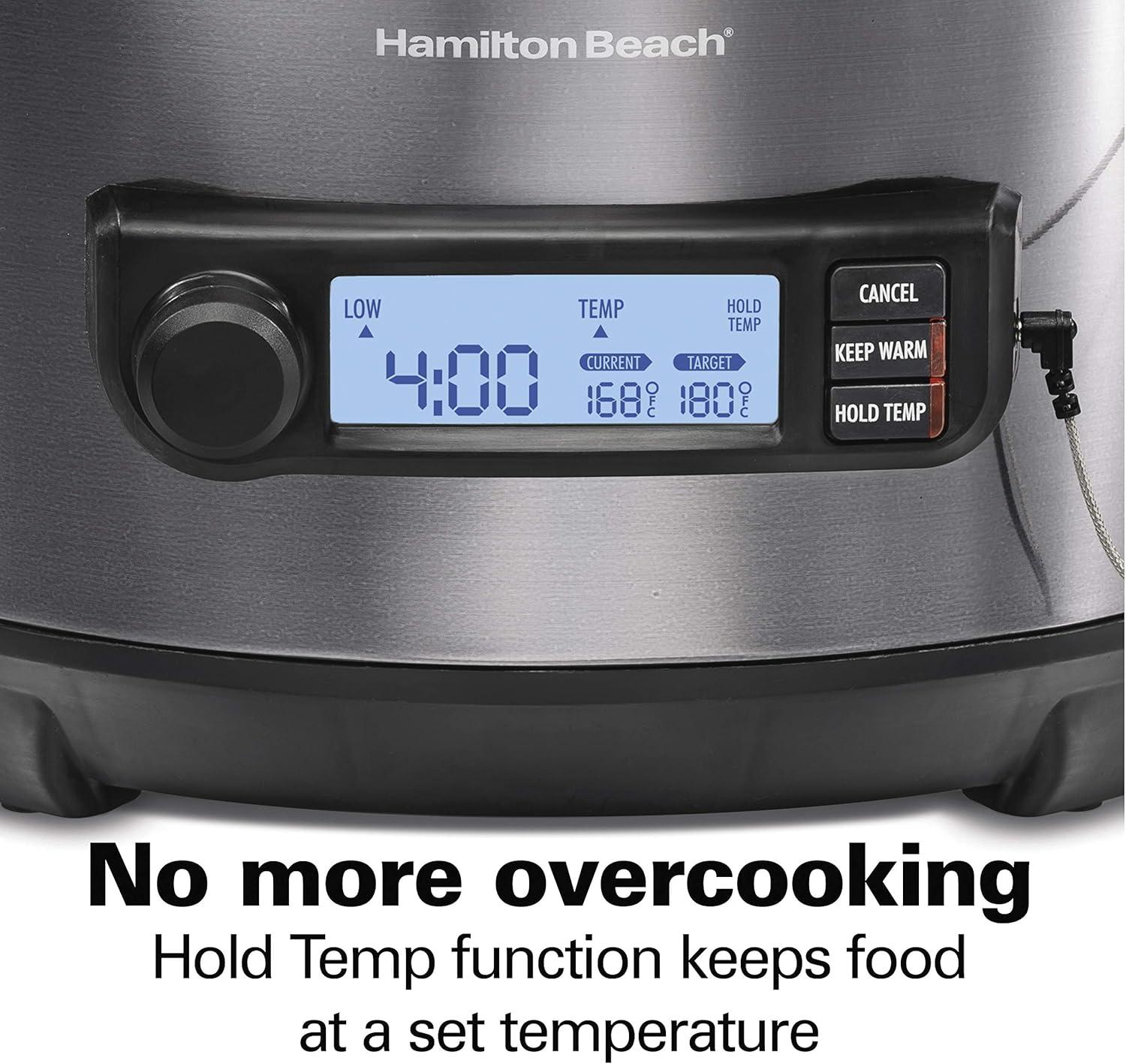 image:imageHamilton Beach Portable 6 Quart Set amp Forget Digital Programmable Slow Cooker with Lid Lock Temperature Probe Dishwasher Safe Crock amp Lid Black Stainless 33866Temp Tracker Black Stainless