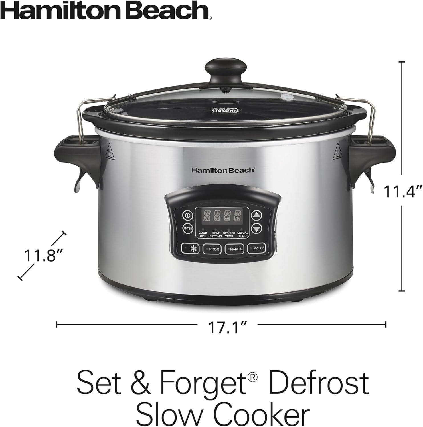 image:imageHamilton Beach Portable 6 Quart Set amp Forget Digital Programmable Slow Cooker with Lid Lock Temperature Probe Dishwasher Safe Crock amp Lid Black Stainless 33866Defrost Silver