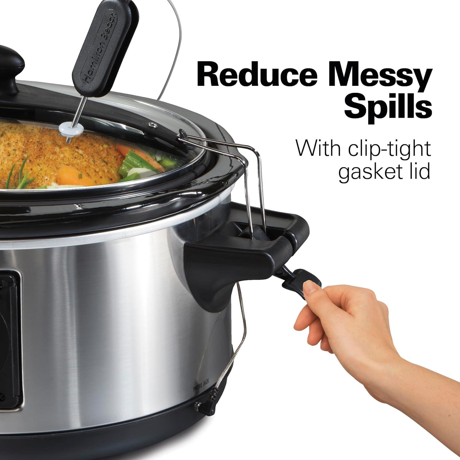 image:imageHamilton Beach Portable 6 Quart Set amp Forget Digital Programmable Slow Cooker with Lid Lock Temperature Probe Dishwasher Safe Crock amp Lid Black Stainless 33866Set Forget Stainless Steel