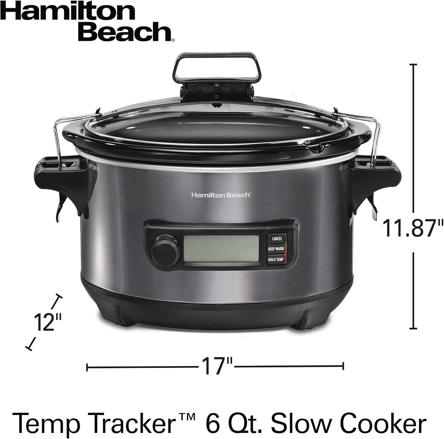 image:imageHamilton Beach Portable 6 Quart Set amp Forget Digital Programmable Slow Cooker with Lid Lock Temperature Probe Dishwasher Safe Crock amp Lid Black Stainless 33866Temp Tracker Black Stainless