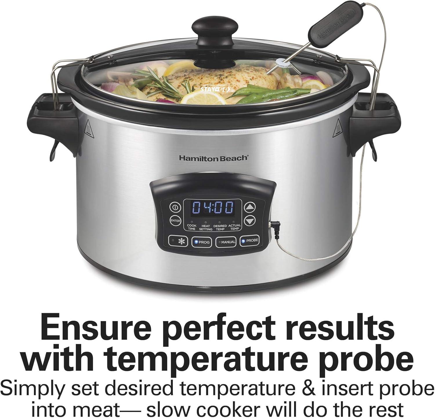 image:imageHamilton Beach Portable 6 Quart Set amp Forget Digital Programmable Slow Cooker with Lid Lock Temperature Probe Dishwasher Safe Crock amp Lid Black Stainless 33866Defrost Silver