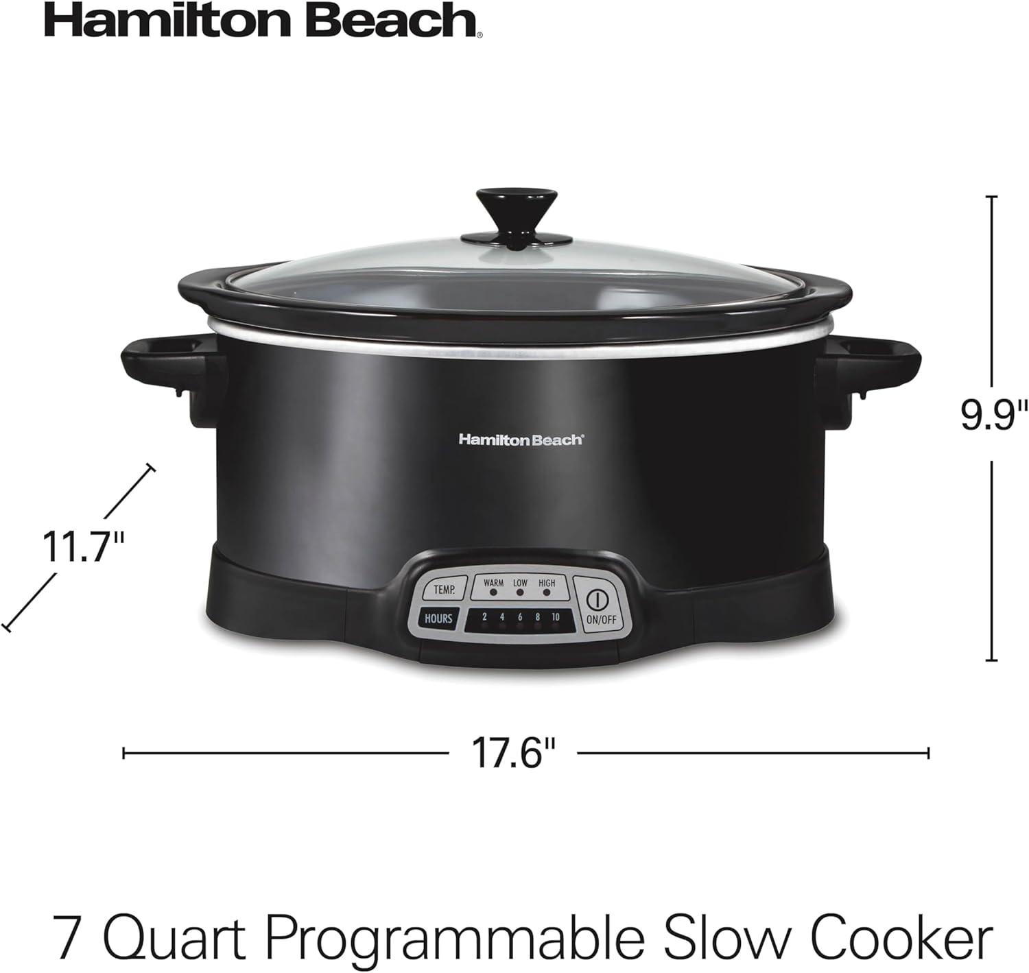 image:imageHamilton Beach Portable 7 Quart Programmable Slow Cooker with Three Temperature Settings Lid Latch Strap for Easy Travel Dishwasher Safe Crock Black 33474GLid Latch Strap for Easy Travel Black