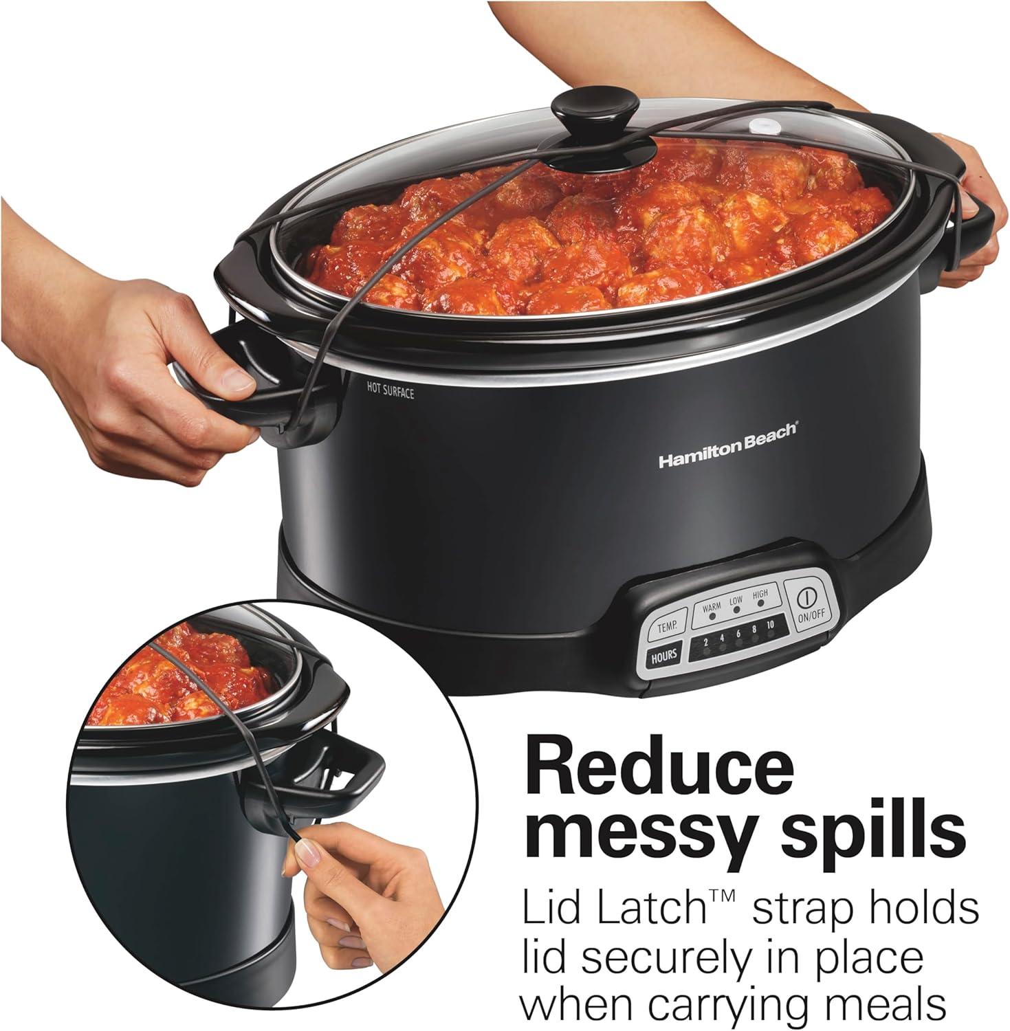 image:imageHamilton Beach Portable 7 Quart Programmable Slow Cooker with Three Temperature Settings Lid Latch Strap for Easy Travel Dishwasher Safe Crock Black 33474GLid Latch Strap for Easy Travel Black