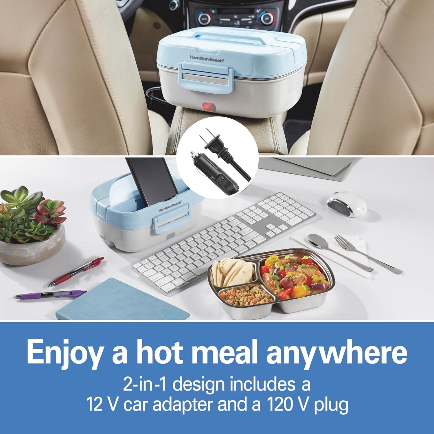 image:imageHamilton Beach Portable Electric Lunch Box Food Warmer for Office amp Car with 12V Adapter 120V Plug Stainless Steel 3 Compartment Tray Insulated Carrying Bag Fork amp Spoon Blue 33105Stainless Steel 3 Compartment Tray