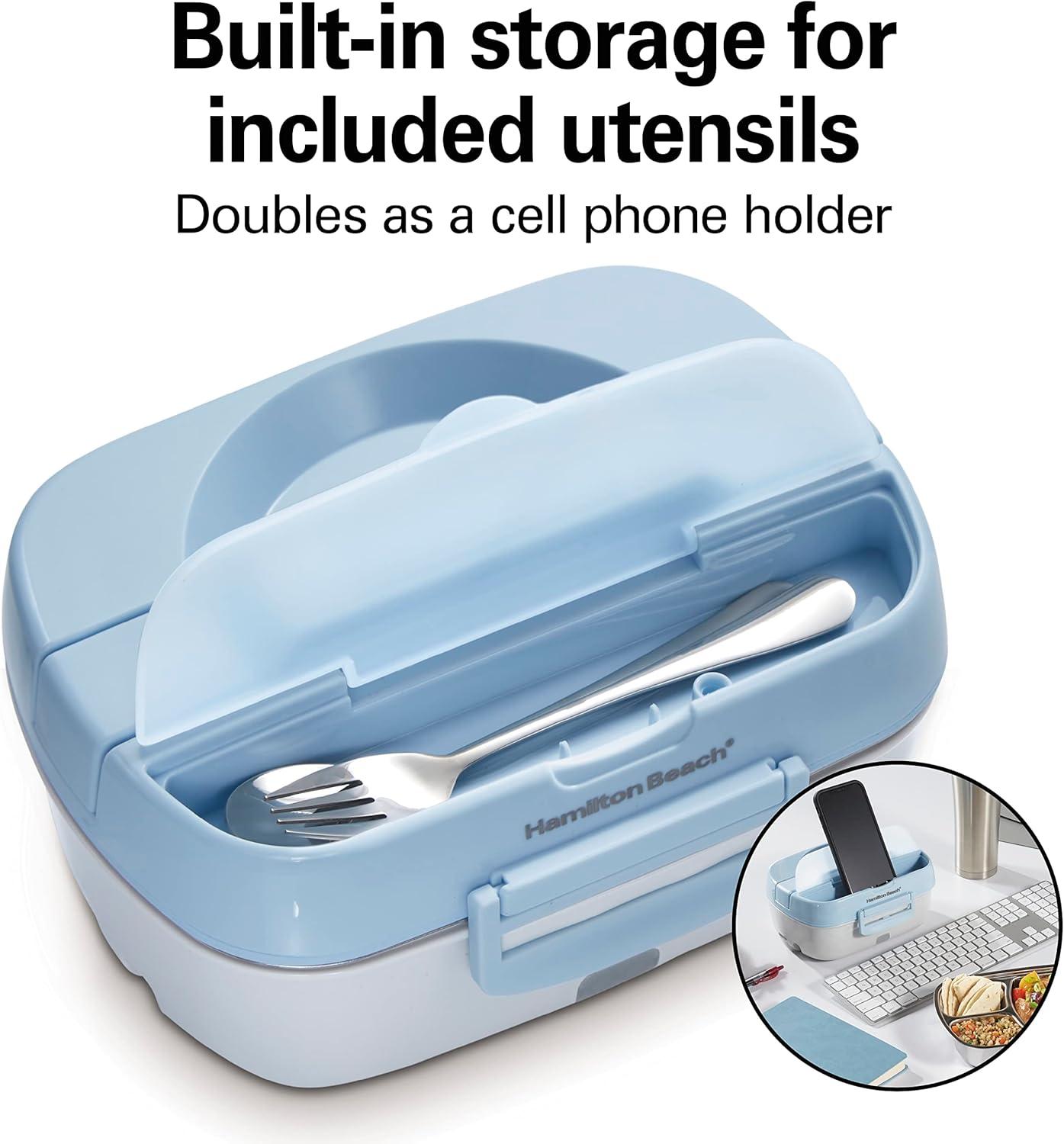 image:imageHamilton Beach Portable Electric Lunch Box Food Warmer for Office amp Car with 12V Adapter 120V Plug Stainless Steel 3 Compartment Tray Insulated Carrying Bag Fork amp Spoon Blue 33105Stainless Steel 3 Compartment Tray