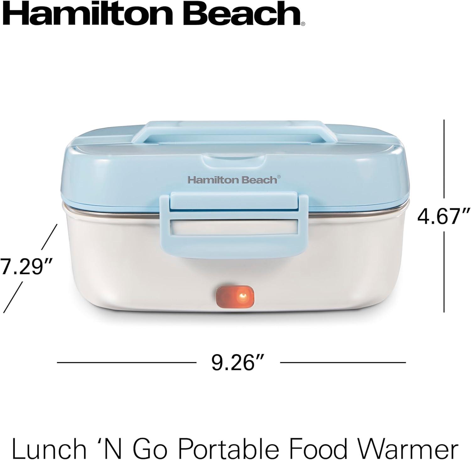 image:imageHamilton Beach Portable Electric Lunch Box Food Warmer for Office amp Car with 12V Adapter 120V Plug Stainless Steel 3 Compartment Tray Insulated Carrying Bag Fork amp Spoon Blue 33105Stainless Steel 3 Compartment Tray