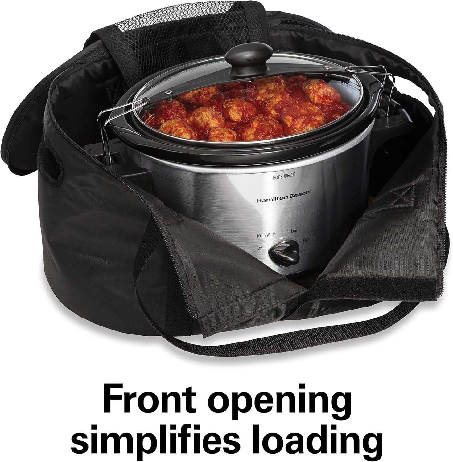 image:imageHamilton Beach Portable Slow Cooker Travel Bag Insulated Carrier Case for 4 5 6 7 amp 8 Quart Crock Internal Mesh Net Holds Pot in Place Compatible With Other Brands Black 33002