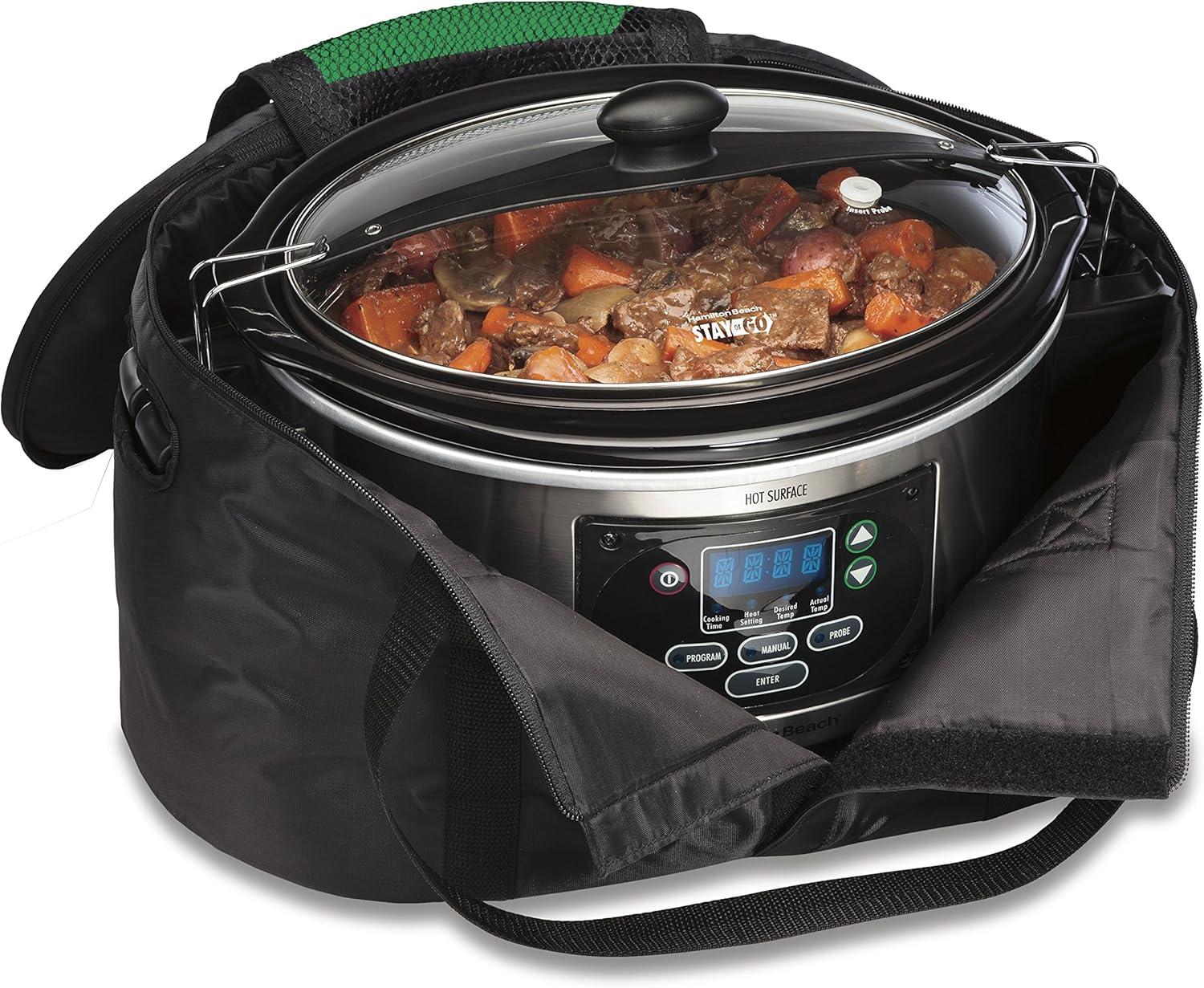 image:imageHamilton Beach Portable Slow Cooker Travel Bag Insulated Carrier Case for 4 5 6 7 amp 8 Quart Crock Internal Mesh Net Holds Pot in Place Compatible With Other Brands Black 33002