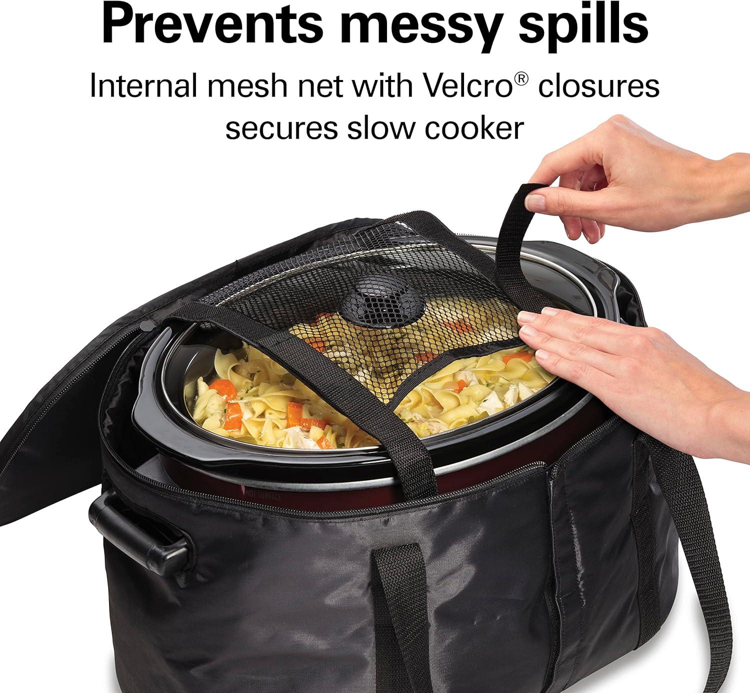image:imageHamilton Beach Portable Slow Cooker Travel Bag Insulated Carrier Case for 4 5 6 7 amp 8 Quart Crock Internal Mesh Net Holds Pot in Place Compatible With Other Brands Black 33002