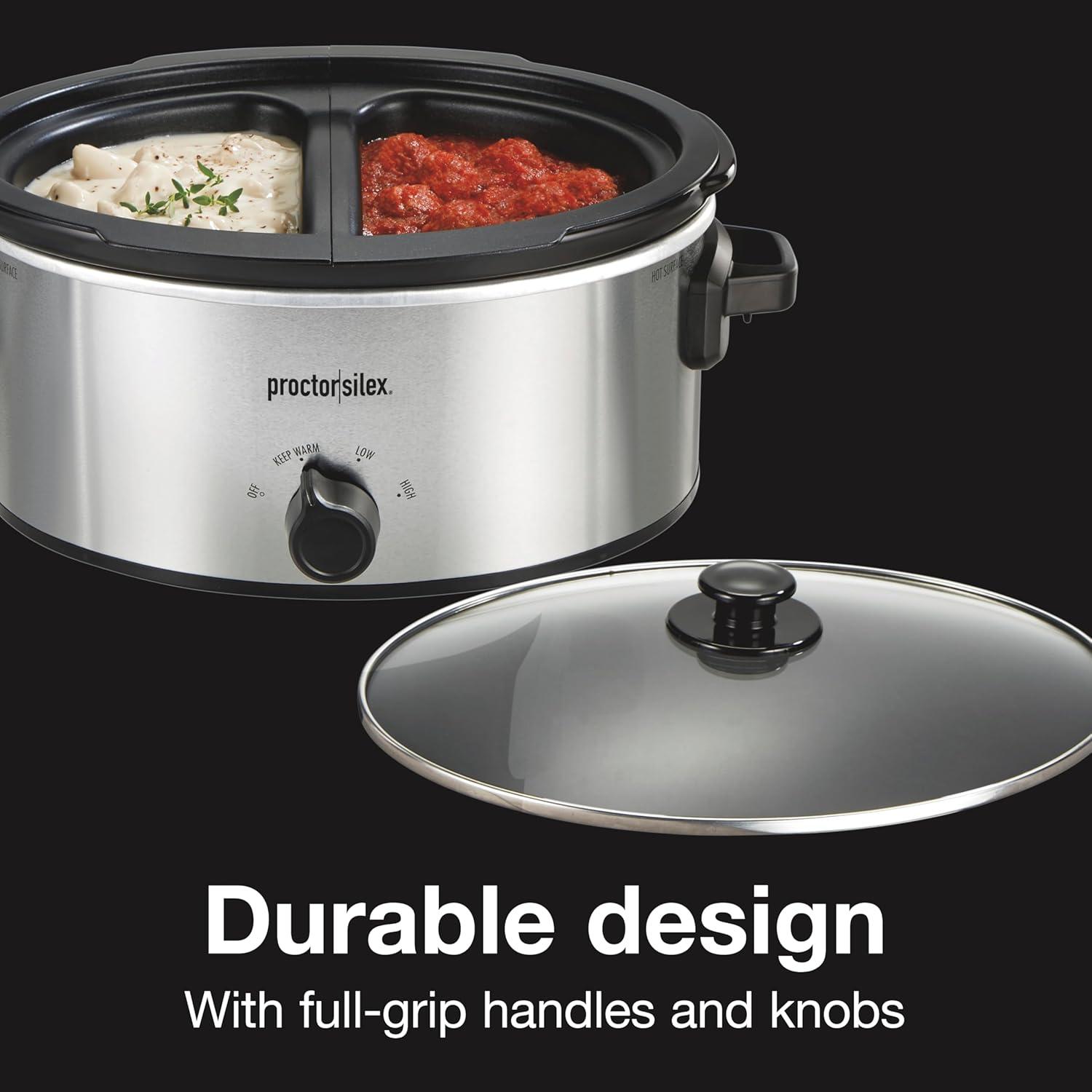 image:imageProctor Silex Double Dish Slow Cooker with 6qt Crock and Dual 25qt Nonstick Insert to Cook Two Meals at Once Dishwasher Safe Pot amp Lid Silver 33563