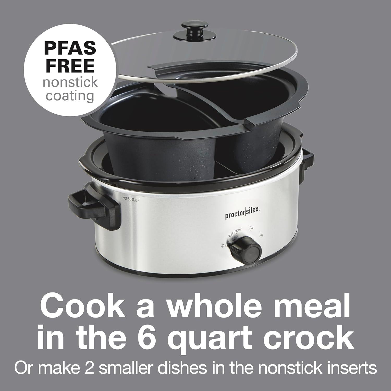 image:imageProctor Silex Double Dish Slow Cooker with 6qt Crock and Dual 25qt Nonstick Insert to Cook Two Meals at Once Dishwasher Safe Pot amp Lid Silver 33563