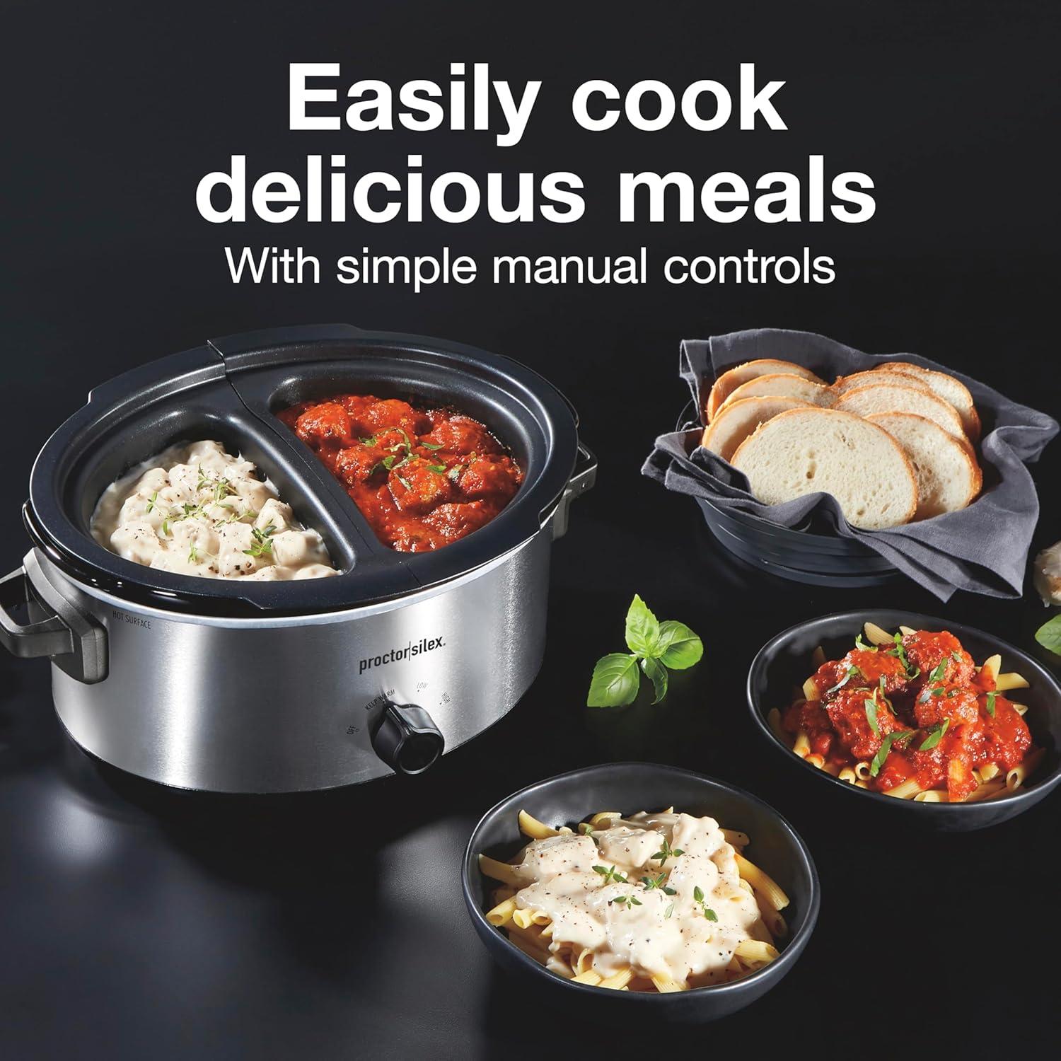 image:imageProctor Silex Double Dish Slow Cooker with 6qt Crock and Dual 25qt Nonstick Insert to Cook Two Meals at Once Dishwasher Safe Pot amp Lid Silver 33563