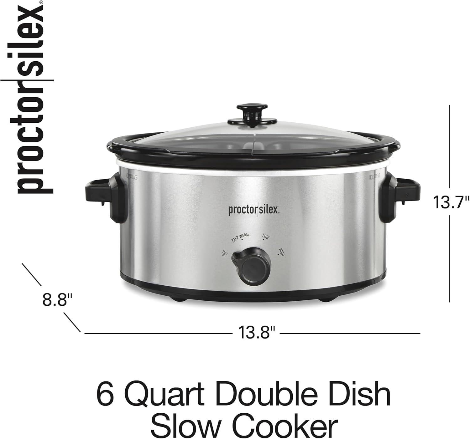 image:imageProctor Silex Double Dish Slow Cooker with 6qt Crock and Dual 25qt Nonstick Insert to Cook Two Meals at Once Dishwasher Safe Pot amp Lid Silver 33563