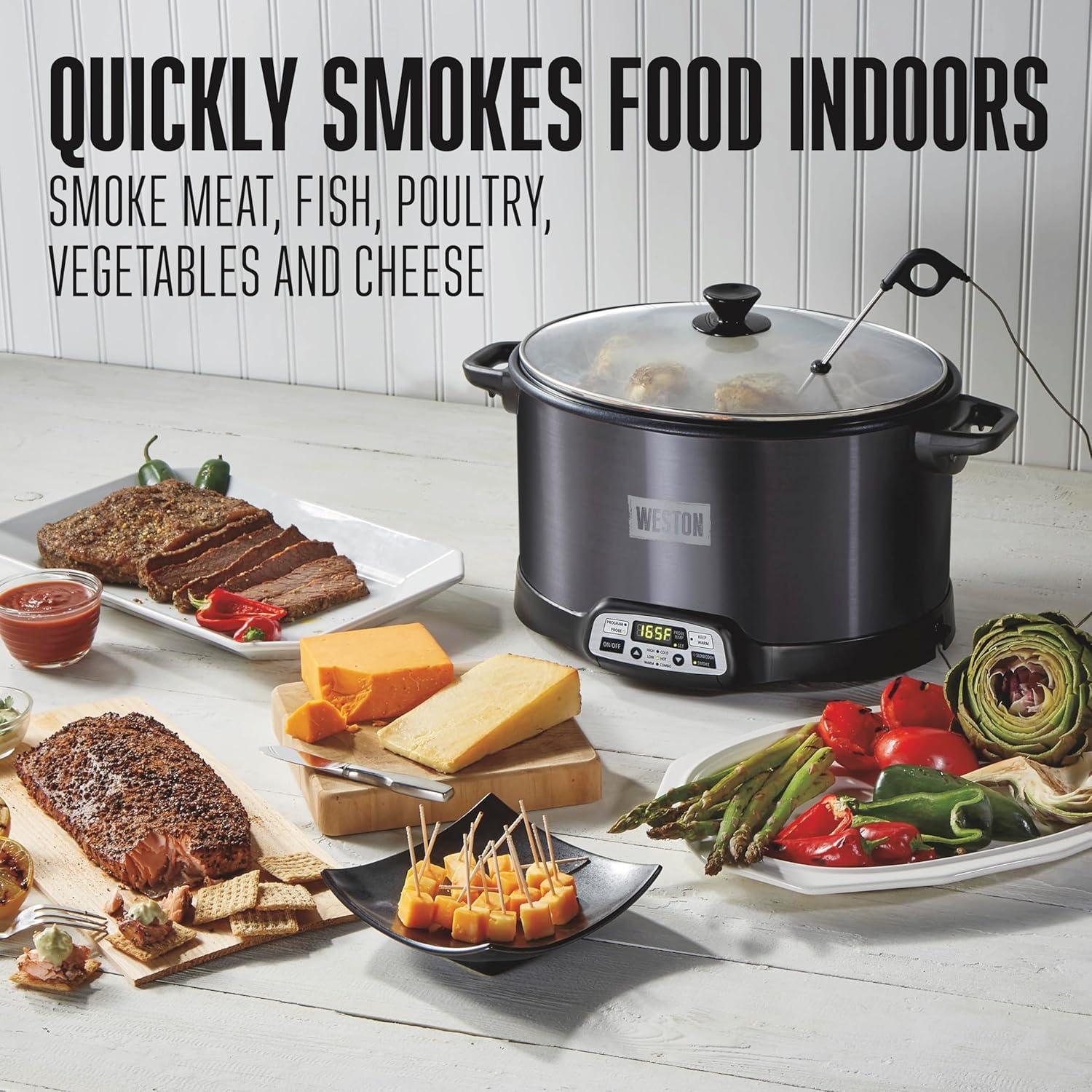 image:imageWESTON 2in1 Programmable Slow Cooker amp Electric Indoor Smoker 6 Quart 3Tier Smoking Rack for Meat Cheese and More Dishwasher Safe Crock Temperature Probe Includes 16 oz Party Dipper BlackBlack With Party Dipper