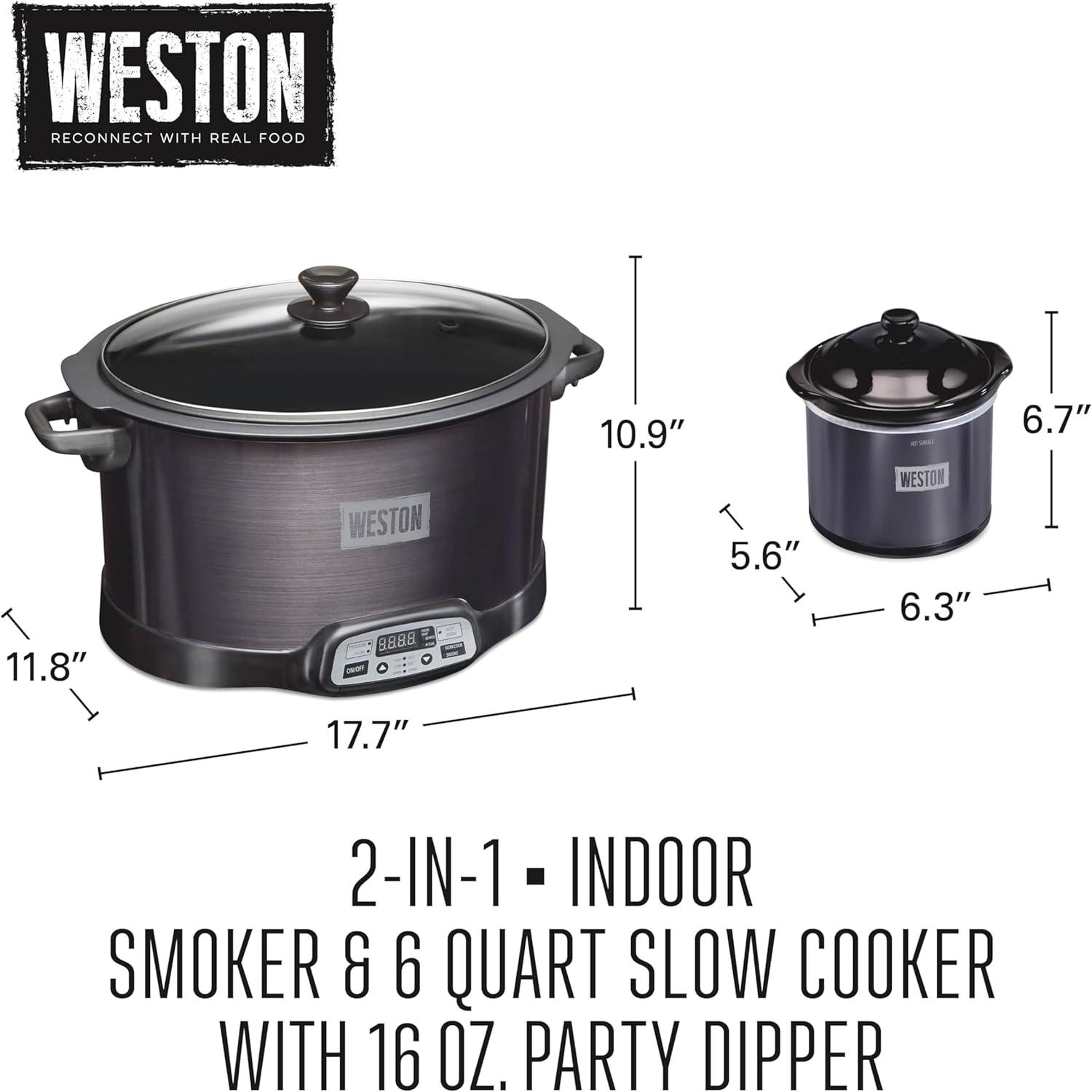 image:imageWESTON 2in1 Programmable Slow Cooker amp Electric Indoor Smoker 6 Quart 3Tier Smoking Rack for Meat Cheese and More Dishwasher Safe Crock Temperature Probe Includes 16 oz Party Dipper BlackBlack With Party Dipper