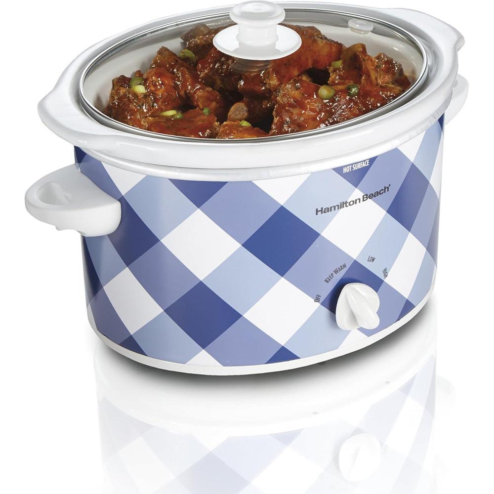 image:imageHamilton Beach 4Quart Slow Cooker with 3 Cooking Settings DishwasherSafe Stoneware Crock amp Glass Lid Brushed Gray33240Blue