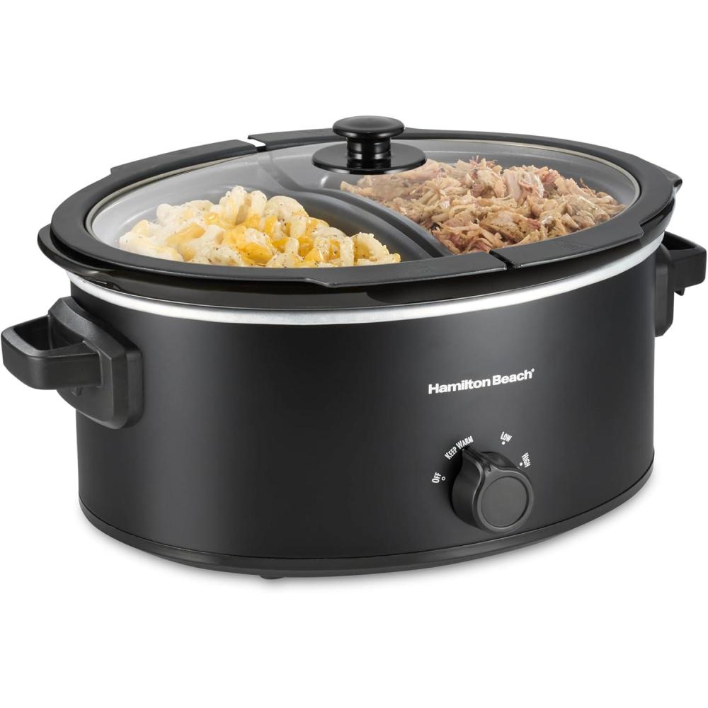 image:imageHamilton Beach 7 Quart Slow Cooker with SpaceSaving Folding Handles 3 Heat Settings Dishwasher Safe Stoneware Crock and Glass Lid Black 33174Black Double Dish