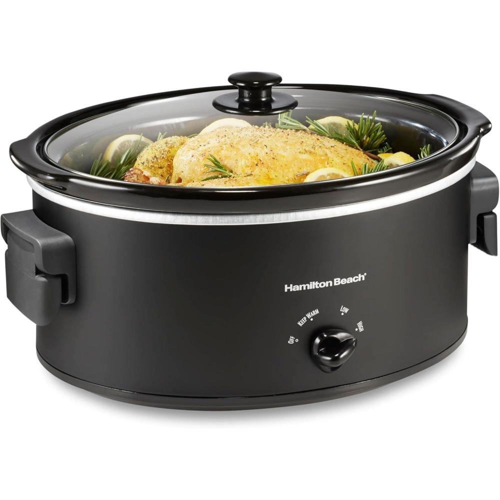 image:imageHamilton Beach 7 Quart Slow Cooker with SpaceSaving Folding Handles 3 Heat Settings Dishwasher Safe Stoneware Crock and Glass Lid Black 33174Black Space Saving Folding Handles