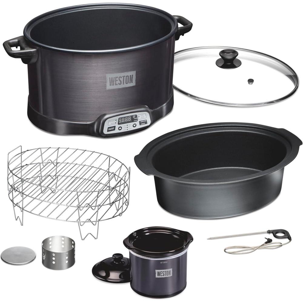 image:imageWESTON 2in1 Programmable Slow Cooker amp Electric Indoor Smoker 6 Quart 3Tier Smoking Rack for Meat Cheese and More Dishwasher Safe Crock Temperature Probe Includes 16 oz Party Dipper BlackBlack With Party Dipper