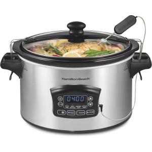 image:imageHamilton Beach Portable 6 Quart Set amp Forget Digital Programmable Slow Cooker with Lid Lock Temperature Probe Dishwasher Safe Crock amp Lid Black Stainless 33866Defrost  Silver