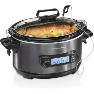 image:imageHamilton Beach Portable 6 Quart Set amp Forget Digital Programmable Slow Cooker with Lid Lock Temperature Probe Dishwasher Safe Crock amp Lid Black Stainless 33866Temp Tracker  Black Stainless