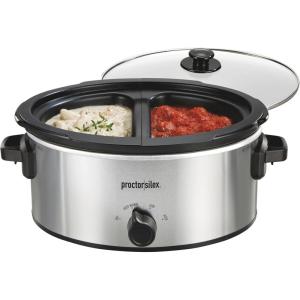 image:imageProctor Silex Double Dish Slow Cooker with 6qt Crock and Dual 25qt Nonstick Insert to Cook Two Meals at Once Dishwasher Safe Pot amp Lid Silver 33563