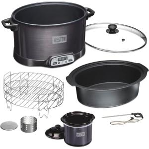 image:imageWESTON 2in1 Programmable Slow Cooker amp Electric Indoor Smoker 6 Quart 3Tier Smoking Rack for Meat Cheese and More Dishwasher Safe Crock Temperature Probe Includes 16 oz Party Dipper BlackBlack With Party Dipper