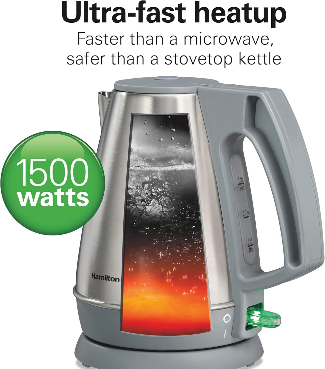 image:imageHamilton Beach 1 Liter Electric Kettle Water Boiler amp Heater Fast 1500 Watts BPA Free Interior Cordless Serving AutoShutoff and BoilDry Protection Cord Wrap Stainless Steel 41065
