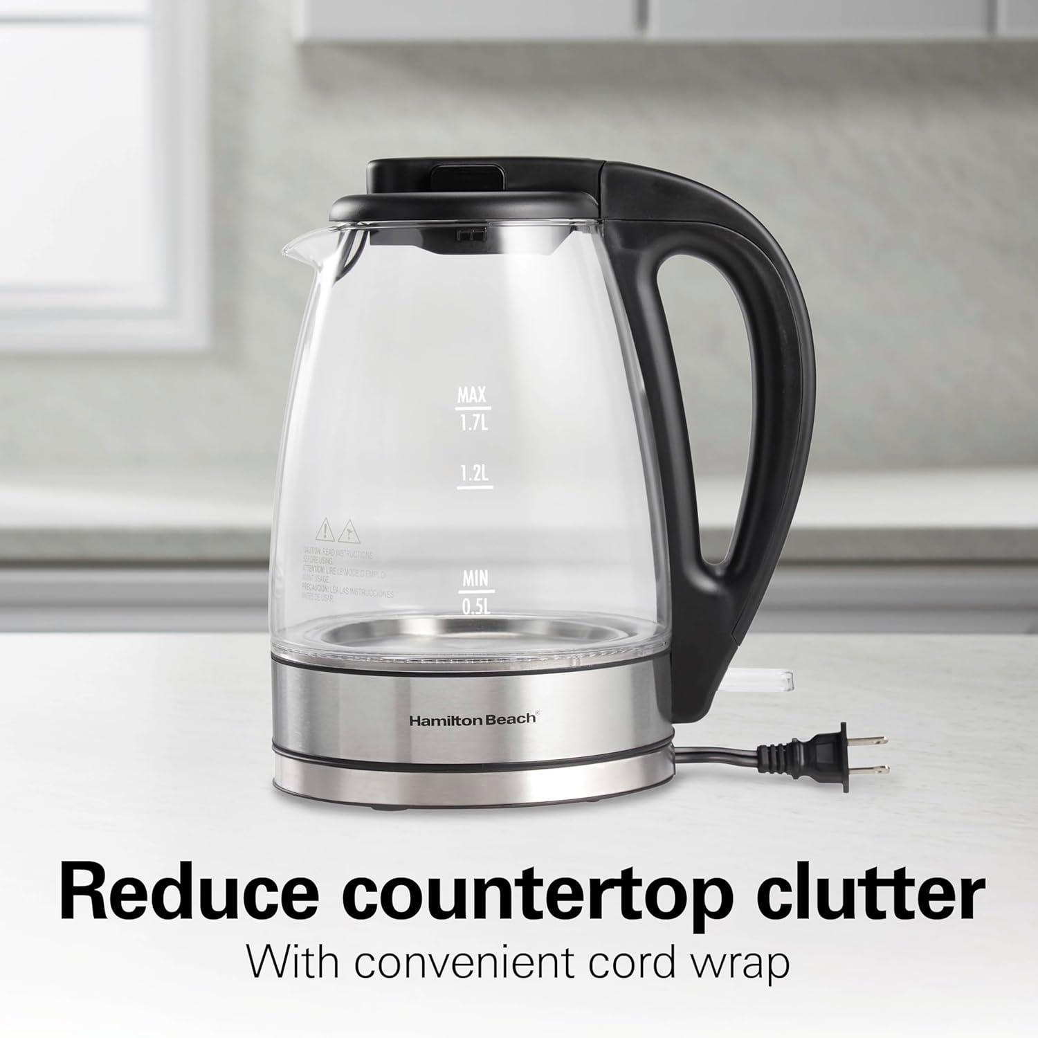 image:imageHamilton Beach 17L Electric Tea Kettle Water Boiler amp Heater LED Indicator BuiltIn Mesh Filter AutoShutoff amp BoilDry Protection Cordless Serving Iridescent Clear Glass 41055Clear Glass